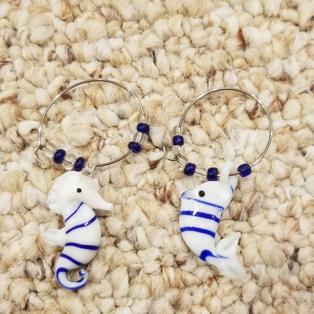 HANDMADE Blue with White Wine Glass Charm Rings